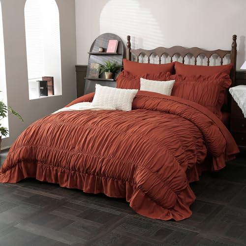 Herside Brick Red Ruched Comforter Set King Size,Boho Ruffle Bedding 9 Pcs Bed in A Bag,Fluffy Luxury Ruffle Comforter Bedding with Flat Sheet, Fitted Sheet, Pillow Shams, Pillowcases for All Season