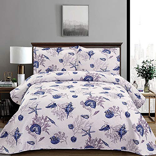 Twin Size Quilt Set Beach Quilt Bedding Twin Quilts Bedspread Coverlet Coastal Ocean Bedding Summer Lightweight Reversible Quilt Beach Bed Spread Coverlet Starfish Conch Shell Home Decor Blue