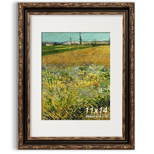 GiftMust 11x14 Picture Frame, Ornate Embossing Frame with Paper Mat and Real Glass, Fit for 11x14 without Mat or 8x10 with Mat, Wall Mounting Display for Art Prints, Bronze and Antique Gold, 1 Pack