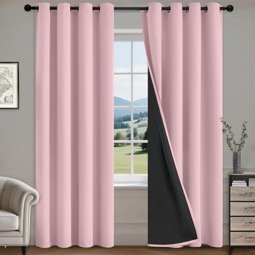 COSVIYA 100% Pink Blackout Curtains for Living Room 84 Inches Length - Room Darkening Light Blocking Drapes for Bedroom, Grommet Thermal Insulated Window Panels with Black Liner, W52xL84,2 Panels
