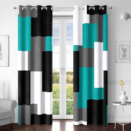 Tyrot Teal/Turquoise 100% Blackout Curtains for Bedroom 108 inch Extra Long 2 Panels Set Black Grey Modern Abstract Geometric Black Out Curtains Room Darkening Window Drapes for Living Room, 52Wx108L