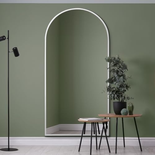 "MirrorOutlet The Arcus - White Framed Modern Full Length Arched Leaner/Wall Mirror 79"" X 39"" (200CM X 100CM) Silver Mirror Glass with Black All weather Backing."