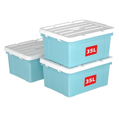Cetomo 35L*3 Storage Boxes, Carry Plastic Storage Box with Lids, Organizing Container with Handle and Secure Latching Buckles, Stackable, Nestable, Tote Bin for Home Office Clothes, 35L-3Pack, Blue