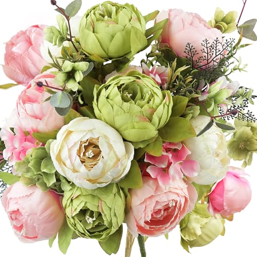 FiveSeasonStuff 2 Bundles Pink Beige Green (Spring Waltz) Peonies Artificial Flower Bouquet