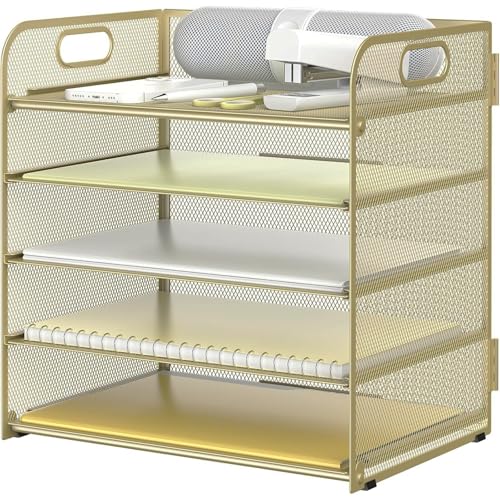 Letter Tray Paper Organizer 5-Tier Desk Organizer File Organizer Paper Holder with Handle, Metal Desktop Document Shelf Tray Office Classroom Organization - Gold