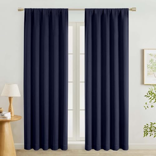 "Lecloud Navy Blue Room Darkening Curtains 84 Inches Long 2 Panels, Solid Thermal Insulated Window Curtain Drapes with Rod Pocket, Window Treatments for Living Room Bedroom, 50"" W x 84"" L"
