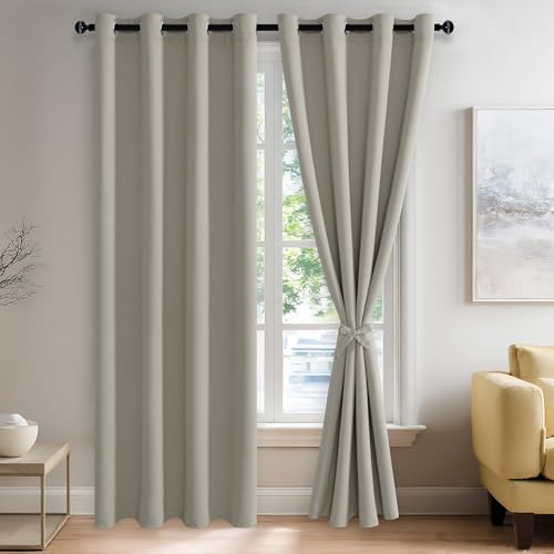 JIUZHEN Silver Grey Blackout Curtains with Tiebacks-Thermal Insulated, Light Blocking and Noise Reducing Grommet Curtain Drapes for Bedroom and Living Room, Set of 2 Curtain Panels, 52x84 Inch Length