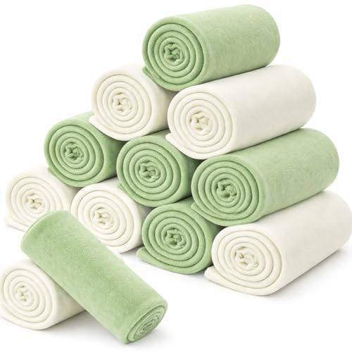 Newwiee 12 Pcs Fleece Throw Blankets Bulk 50 x 60 in Outdoor Wedding Guest Gifts Soft Lightweight Sleepover Party Lap Blankets Pet Sofa Couch Home Office Donation Homeless (White/Green)