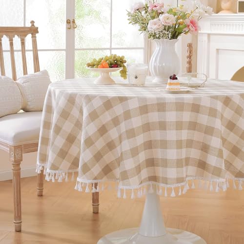 "Laolitou Beige Checkered Round Tablecloth Washable Buffalo Plaid Table Cloth with Tassel Cotton Linen Gingham Table Cover for Dining Room, Beige, Round, 60"", 2-4 Seats"