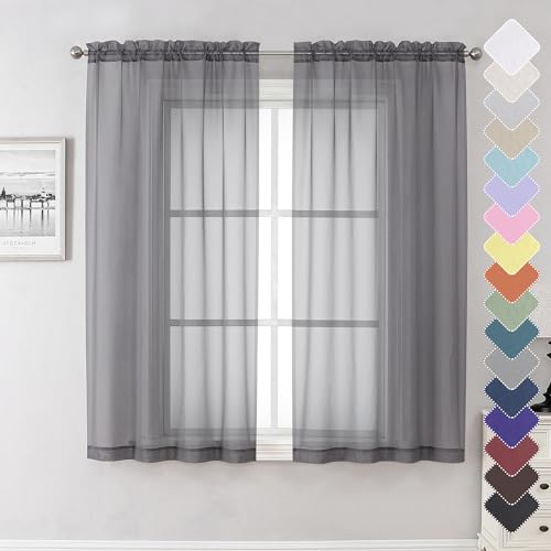 "Lecloud Grey Sheer Curtains 63 Inch Long 2 Panels, Elegant Voile Drapes for Dinning Small Windows, Light Filtering Voile Curtain for Living Room Bedroom Bathroom, Dual Rod Pocket, 40"" Wx63 L"