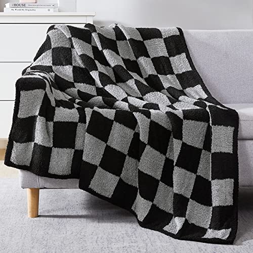 WRENSONGE Soft Checkered Throw Blanket for Couch-Cozy Warm Knitted Blankets - Lightweight Warm Fluffy Decor for Women, Mom, Her & Girls, Sofa, Chair, Bed, 50x70in, Black Grey