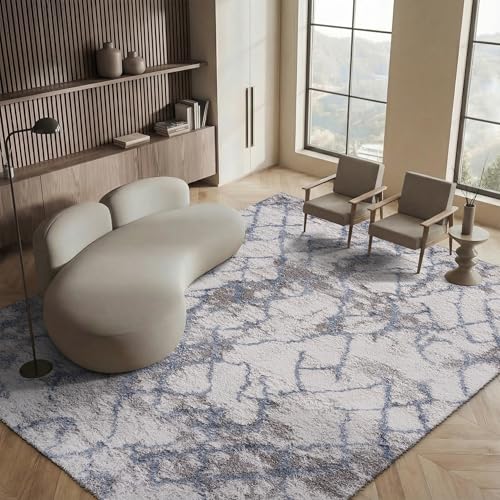 SAFAVIEH Shag Rug for Living Room, Dining Room, Bedroom - Horizon Shag Collection, Short Pile, in Ivory and Blue, 183 X 274 cm