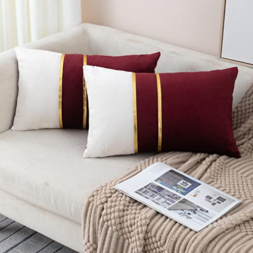 ZLINA Set of 2 Velvet Decorative Lumbar Pillow Covers Red White Patchwork with Gold Leather Pillow Covers 12 ?? 20 Inch Cushion Covers Decor Living Room Sofa Bedroom Car