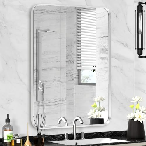 "Minuover Silver Framed Bathroom Mirror, Brushed Nickel Rounded Corner Rectangle Wall Mirror, Tempered Glass, Shatter Proof, Anti-Rust, Hangs Horizontally or Vertically (22"" x 30"", Silver)"