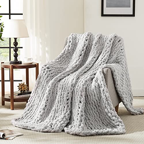 L'AGRATY Chunky Knit Throw Blanket for Couch, 50'' x 60'' Knit Throw, Grey - Handmade Chenille Crochet Blanket for Sofa Bed, Thick Cable Knitted Blankets for Room Home Decor, Birthday Gift for Women Mom