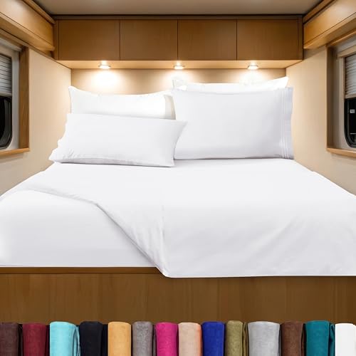 Elegant Comfort Luxurious 1500 Premium Hotel Quality Microfiber Three Line Embroidered Softest 4-Piece Bed Sheet Set, Wrinkle and Fade Resistant, RV Short Queen, White