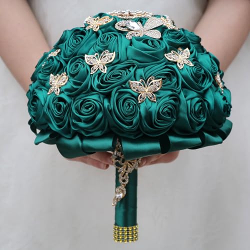 "Mhojpik Handmade Wedding Flowers Bouquet Round Holding Bridal Bouquet Toss Artificial Rose Bunch for Bride Bridesmaid Wedding Quinceanera (Dark Green, 8.7"")"