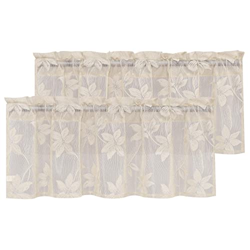 DWCN 2 Pack Floral Lace Valance for Kitchen - Elegant Floral Design Rod Pocket Half Window Sheer Curtains for Small Window Living Room Cafe, 42 x 18 inch, Beige