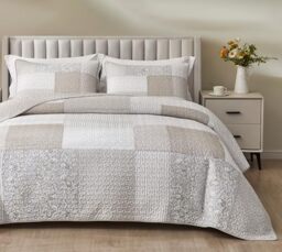 Chezmoi Collection Quinn 3-Piece Neutral Taupe Gray White Floral Hibiscus Flower Candy Stripe Patchwork Quilt Set - Pre-Washed Cotton Coverlet - Lightweight Reversible Bedspread, Queen Size