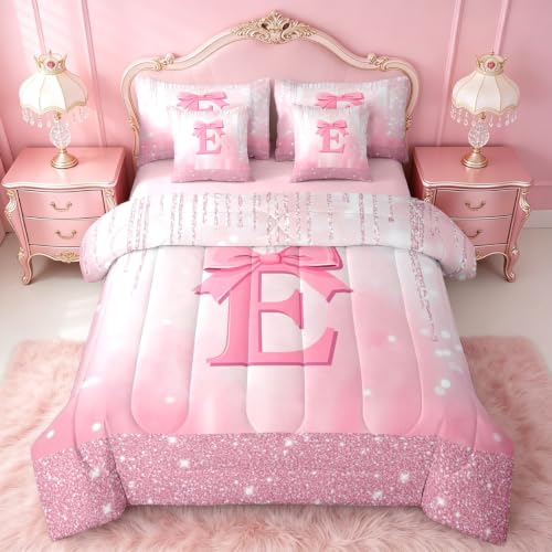 Feelyou Kids Pink Bowknot 7 Pieces Bedding Set Twin Size, Personalized Initial E Bed in A Bag Princess Glitter Comforter Set with Sheets Boys Girls Bow Alphabet Teens Bed Set Bedroom Decor 7Pcs