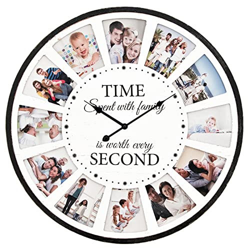 JUMBO HUMBLE Personalized 12 Photo Collage Rustic Farmhouse Wood Wall Clock, 25 Inch Extra Large with Whitewashed Wood Frame for Home,Kitchen,Living Room, Non-Ticking Silent Battery Operated