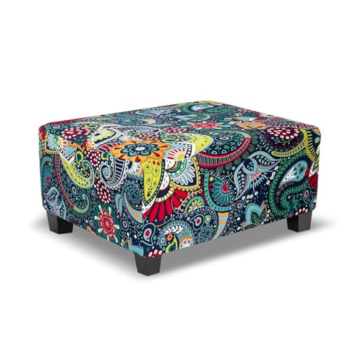 TOPHMDECOR Ottoman Cover Rectangle Printed,Stretch Slipcover for Rectangular Footstool,Soft Fabric with Non-Slip Elastic Bottom,Furniture Protector for Living Room or Bedroom,X-Large,Navy & Green