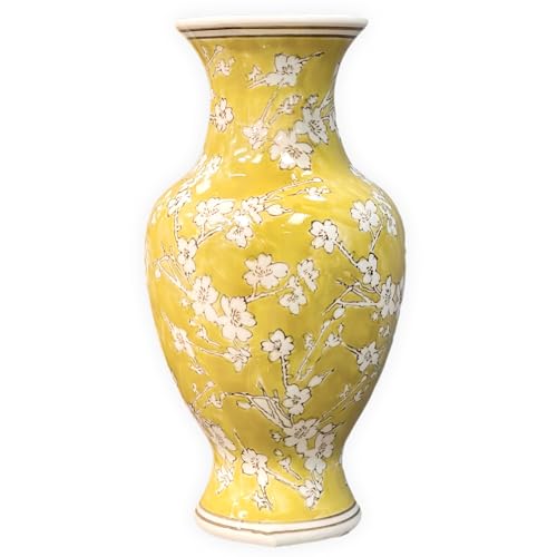 Galt International 14??? Hand Painted Chinoiserie Ceramic Vase ??? Antique Style Porcelain Flower Bottle by Galt International, Fishtail Chinese Vase for Home Decor & Centerpiece - Yellow and White Sakura