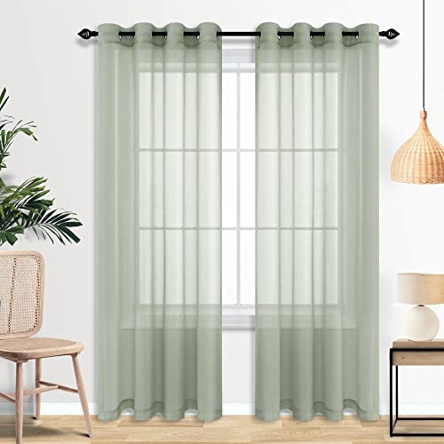 Mrs.Naturall Sage Green Curtains 84 Inch Length for Living Room 2 Panel Sets Grommet Airy See Through Faux Linen Light Green Window Voile Sheer Curtains for Girls Kids Bedroom 52x84 Inches Long