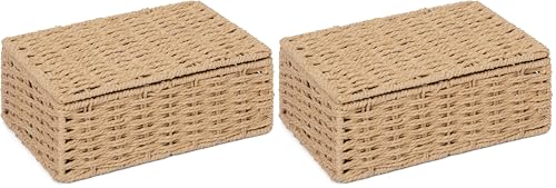 Arpan Natural Paper Rope Storage Basket Box With Lid (Small) (Pack of 2)