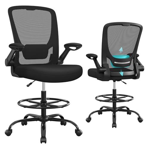 SONGMICS Drafting Chair with Flip-up Armrests, Mesh Office Chair, Ergonomic Painting Chair with Height Adjustable Lumbar Support and Footrest, for Standing Desk, Bar Counter, Black OBN026B02