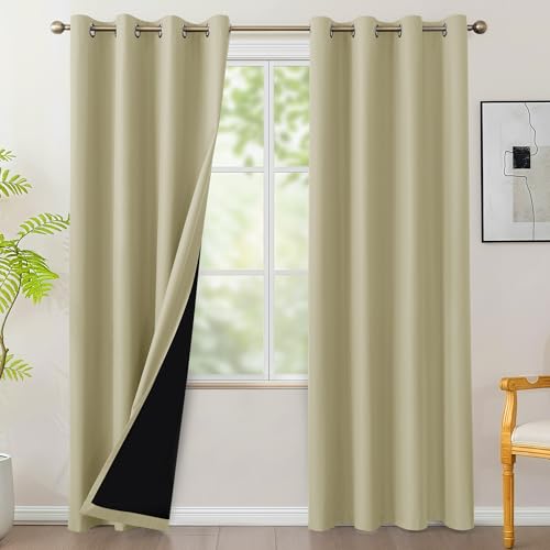 Bonzer 100% Blackout Curtains 84 inches Long - 4 Panels Thermal Insulated Light Blocking Window Drapes, Single Layer Grommet Curtain with Black Laminated Backing for Bedroom/Living Room, Beige