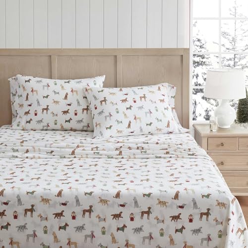 Martha Stewart - Flannel Sheets Queen Size, Anti-Pilling & Wrinkle Resistant Cotton, Touchably Soft for All-Season Comfort - Bed Sheets with Matching Pillowcases & Fitted Sheet (Holiday Pups Brown)