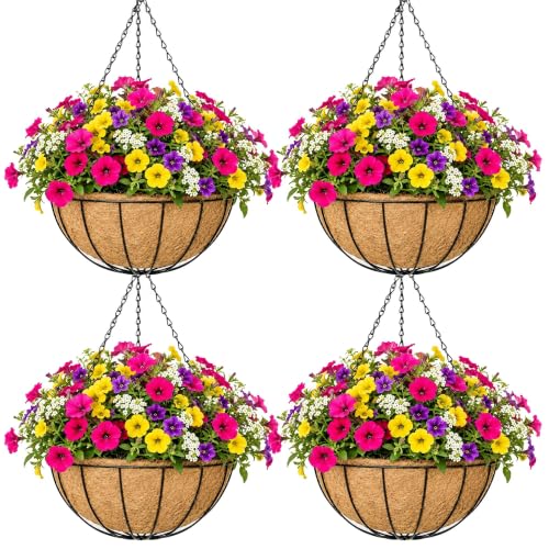 EIMQUVW Outdoor Metal Hanging Planters Basket (4pack, 10 inch) Hanging Baskets for Plants Chain Round Wire Plant Holder with Coco Fiber Liners for Garden, Patio, Deck, Porch