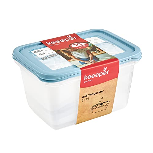 keeeper 2-Piece Freezer Storage Box Set, Erasable Write-On Lid, 2 x 2 Litre, 20.5 x 15.5 x 10.5 cm, Mia Magic Ice, Nordic Blue
