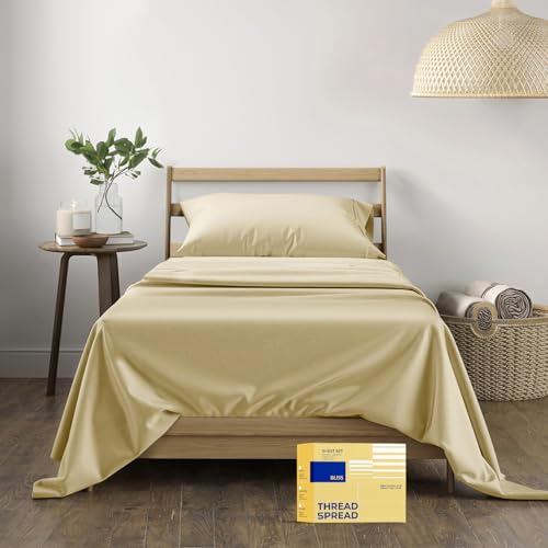 THREAD SPREAD Luxury Egyptian Cotton Sheets Twin XL Size - 600 Series Bliss Collection Twin XL Set Deep Pockets (3 PC, Sand), Extra Soft, Cooling Extra Long Staple College Dorm Bedding