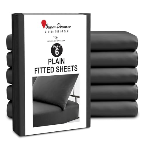 GC GAVENO CAVAILIA Fitted Sheet Double 6 Pack - Plain Dyed Microfiber Bedding Sheets - Fade, Wrinkle & Shrink Resistant Bottom Sheets - 25cm Deep Breathable Bed Sheet with Elasticated Corners - Black