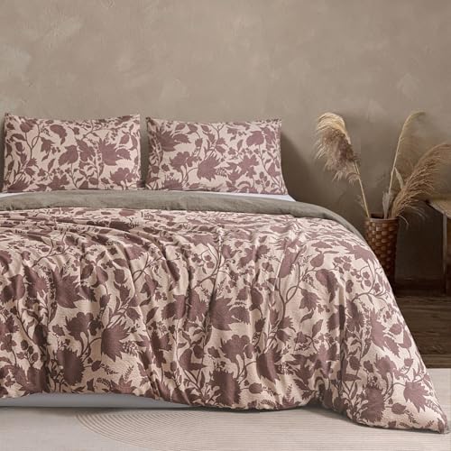 Colourful Snail Vintage Reversible Floral Duvet Cover Set, 100% Washed Microfiber Linen-Feel 3-Piece Bedding, Elegant Printed Botanical Pattern, Extra Soft, Durable & Comfortable, Chestnut, King