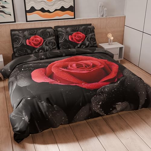 PETTI Artigiani Italiani - Maxi Double Duvet Cover Set 260 x 240 cm (2 Pillowcases 63 x 63 cm Included), Microfibre Duvet Cover Set with Black Roses Digital Print - Made in Italy