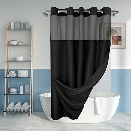 "River Dream No Hook Slub Textured Shower Curtain with Snap-in PEVA Liner Set - 71"" x 74""(72""), Hotel Style with See Through Top Window, Machine Washable & Water Repellent Fabric, Black, 71x74"