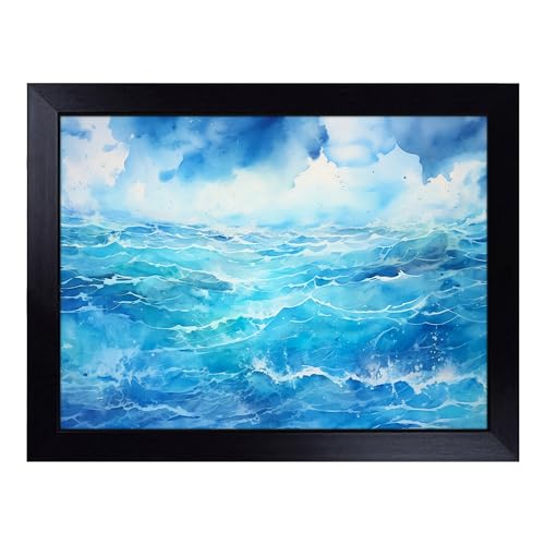 Lap Tray with Bean Bag Cushion, Ocean Watercolour - Handmade in the UK, Raised Wooden Edge, Padded Cushion, Heat-Resistant Wipe-Clean Surface, for Meals, Laptops and Crafts