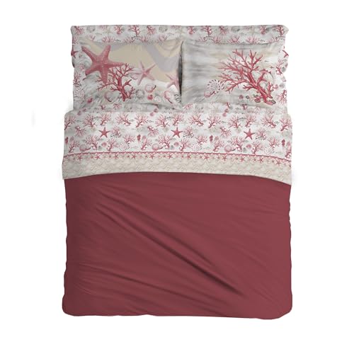 PENSIERI DELICATI Double Bed Set 100% Cotton, Double Bed Sheet Set, 180 x 200 cm, Including Bottom Sheet, Top and 2 Pillowcases, Made in Italy, Red Navy Pattern