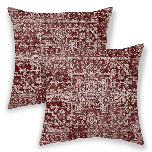 Boho Pillow Covers 18x18, Wine Red Burgundy Cream Ethnic Design Outdoor Decorative Throw Pillows for Couch, Carpet Pattern Decor Cushion Cover 2 Pcs Farmhouse Linen Pillowcase for Bed Car Safa