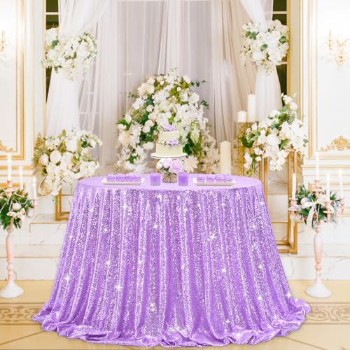 B-COOL Sequin Tablecloth Round Party Decorations: 90 Inch Tablecloths Lavender Overlay Shimmer Fabric for Indoor Outdoor Gathering Parties
