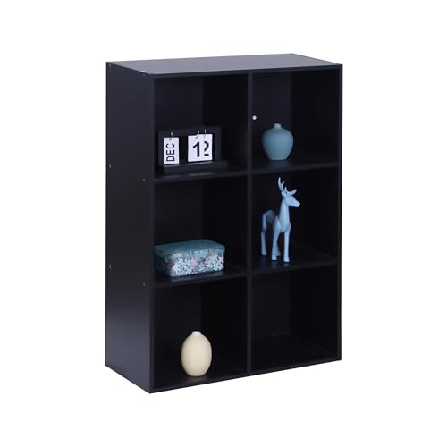 Relaxdays bookcase, HxWxD: 91 x 61 x 30 cm, 6 compartments, cube unit, open shelf for living room, black