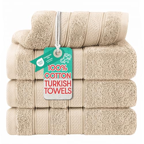 American Soft Linen Salem 100% Cotton Turkish 4 Piece Hand Towels for Bathroom, 600 GSM Soft Absorbent Quickdry Hand Face Towel Set, Beige