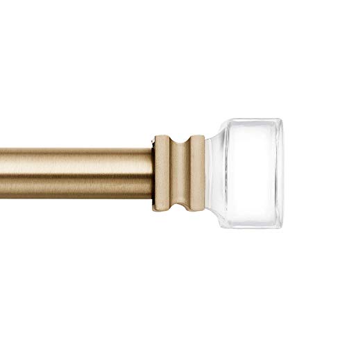 "MODE Premium Collection 1 1/8"" Diameter Curtain Rod with Clear Square Curtain Rod Finials and Steel Wall Mounted Adjustable Curtain Rod, Fits 36??? to 72??? Windows, Warm Gold"