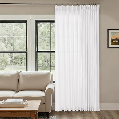 Extra Wide Pinch Pleat 100 x 84 Inch Linen Curtains for Living Room Divider White Light Filtering Semi Sheer Pleated Drapes Patio Curtains for Sliding Door Floor to Ceiling Window Drapes Panels