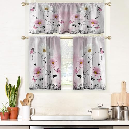 AAtter Pink Floral Kitchen Curtains Valance and Tiers Set 3 Piece Rustic Flower White Daisy Butterfly Rod Pocket Small Short Living Room Bedroom Bathroom Window Drapes 52x18 inch + 26x36 inch*2