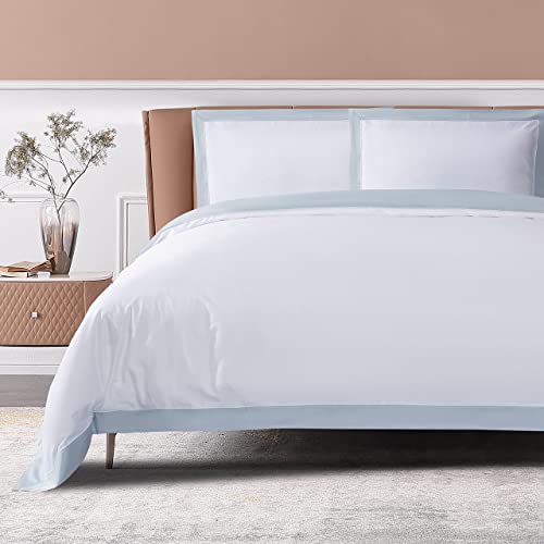 THE COTTON & SILK?? 100% Luxury Long-Staple Cotton Duvet Cover Set - Soft & Breathable - Include 1 Duvet Cover (Corner Ties & Hidden Zipper), 2 Pillow Shams - White + Misty Blue, King/California King