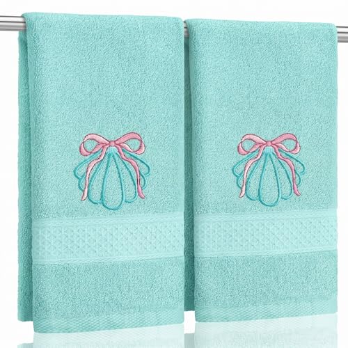 SmoothNovelty 2 Pcs Hand Towels Bathroom Decor 14x29 Inch Embroidered 100% Cotton Soft Absorbent Spring Summer Decorative Hand Towels for Bathroom Kitchen (Shell,Mint Blue)